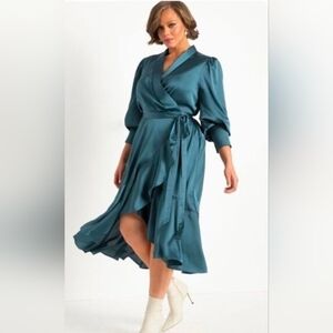 ELOQUII Bishop Satin Sleeve Wrap Teal/Deep Blue Sz 28